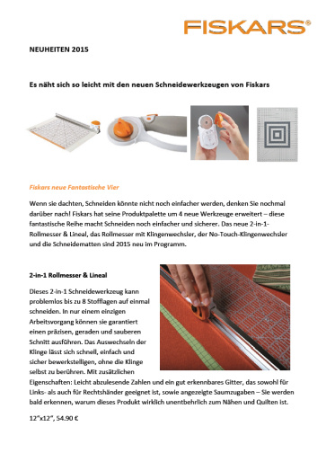 Fiskars Pressemitteilung - "Es näht sich so leicht mit den neuen Schneidewerkzeugen von Fiskars"